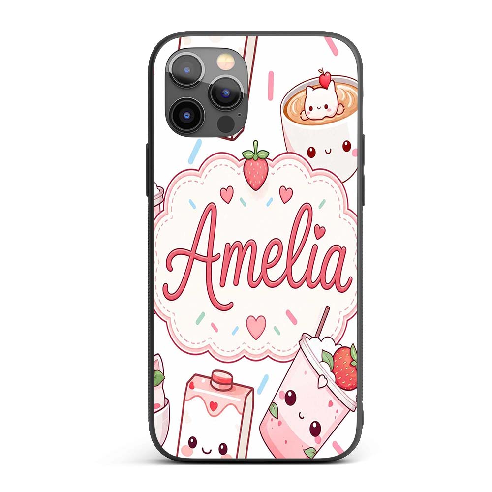 Cute Strawberry Cat Coffee Cups White Kawaii Custom Name Protective Phone Case Mobile Cover Durable Everyday Smartphone Shock Resistant