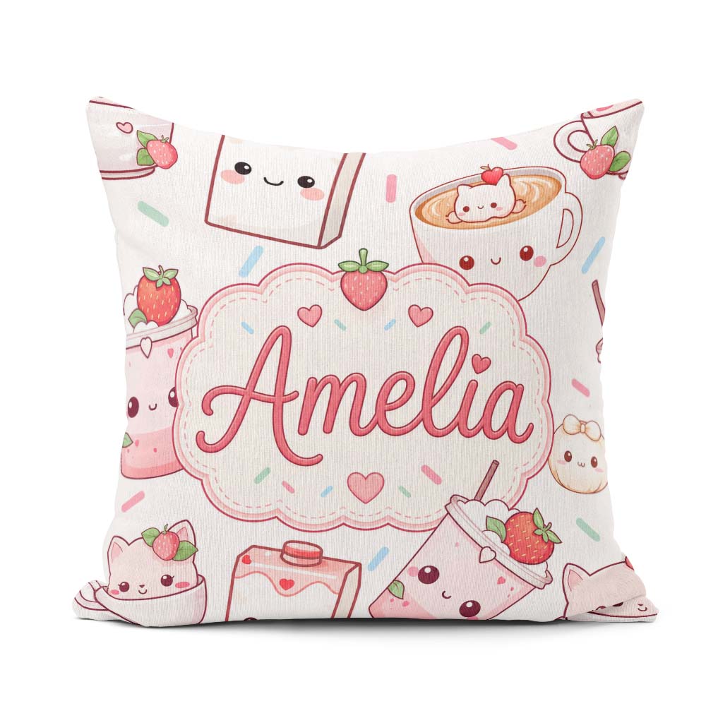 Custom Name Cute Strawberry Cat Cups White Seamless Pattern Name Square Filled Cushion Throw Pillow Sofa Bed Home Decor Zip Washable UK Made