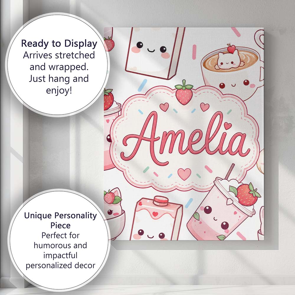 Personalised Name Cute Strawberry Cat Custom Modern Room Accent Creative Decorator Style Canvas Wall Art Print Decor Picture Ready to Hang