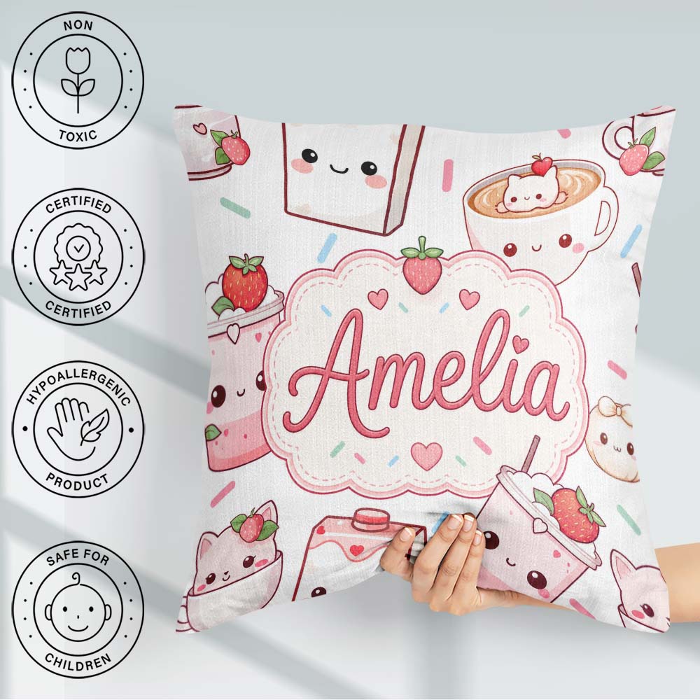 Custom Name Cute Strawberry Cat Cups White Seamless Pattern Name Square Filled Cushion Throw Pillow Sofa Bed Home Decor Zip Washable UK Made