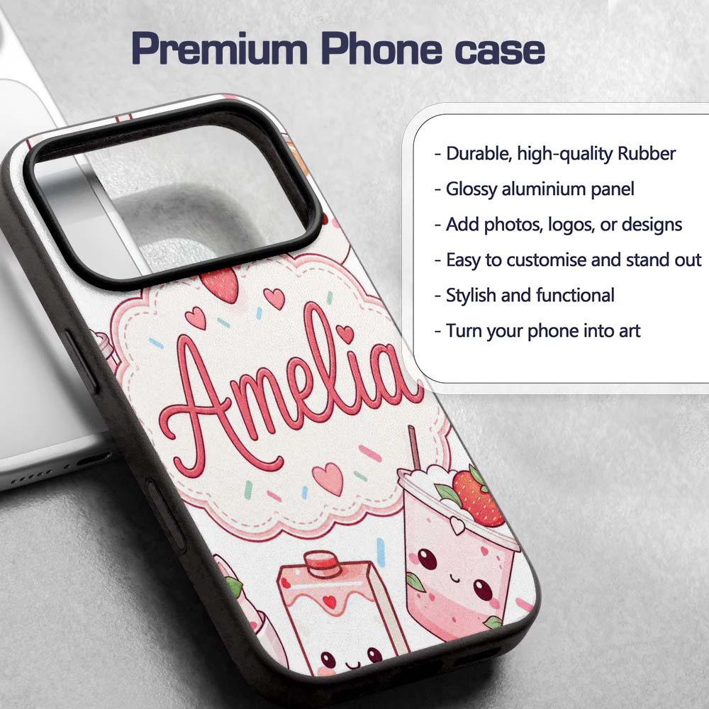 Cute Strawberry Cat Coffee Cups White Kawaii Custom Name Protective Phone Case Mobile Cover Durable Everyday Smartphone Shock Resistant