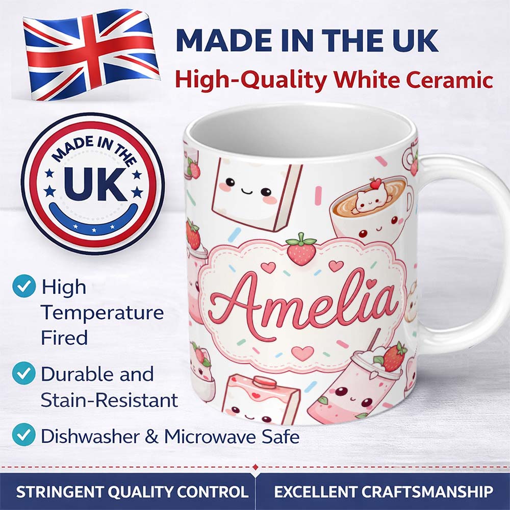 Personalized Custom Name Cute Strawberry Cat Coffee Cups White Kawaii Seamless Pattern Name 11oz Ceramic Coffee Tea Mug White Large Handle