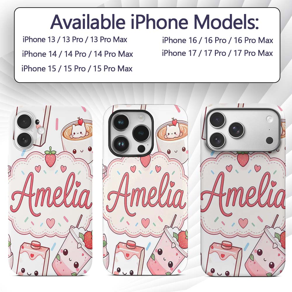 Cute Strawberry Cat Coffee Cups White Kawaii Custom Name Protective Phone Case Mobile Cover Durable Everyday Smartphone Shock Resistant