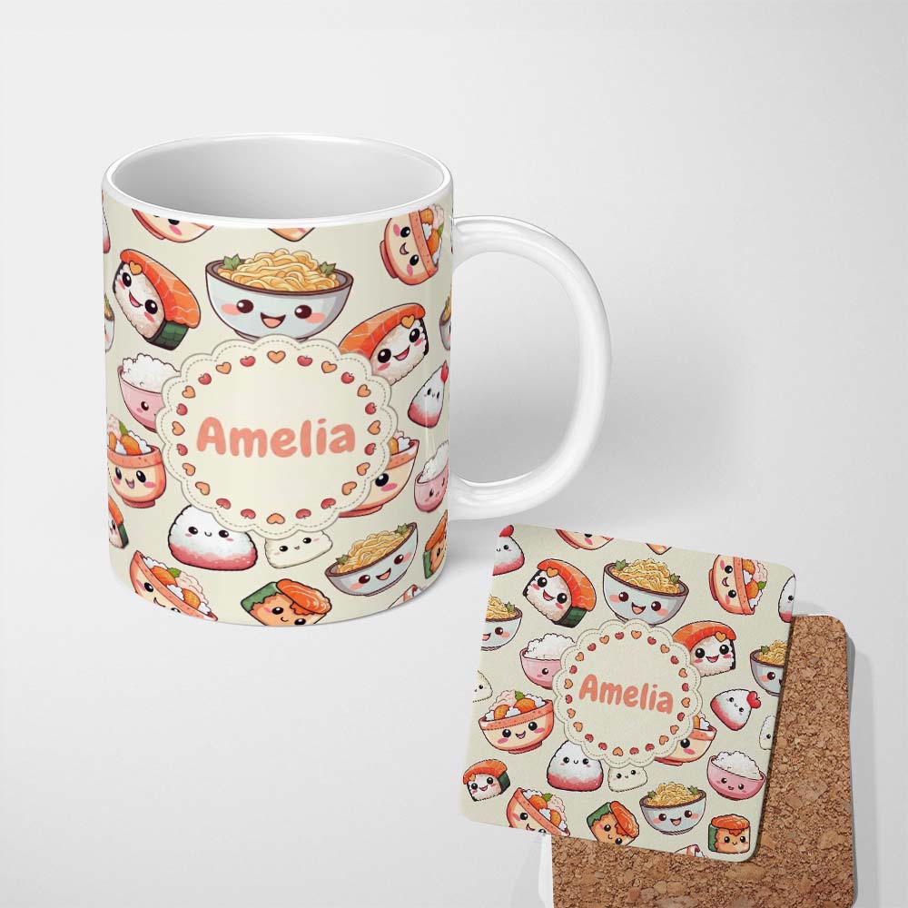 Personalized Custom Name Cute Kawaii Sushi Rice Noodles Bowl Food Seamless Pattern Name 11oz Ceramic Coffee Tea Mug White Large Handle