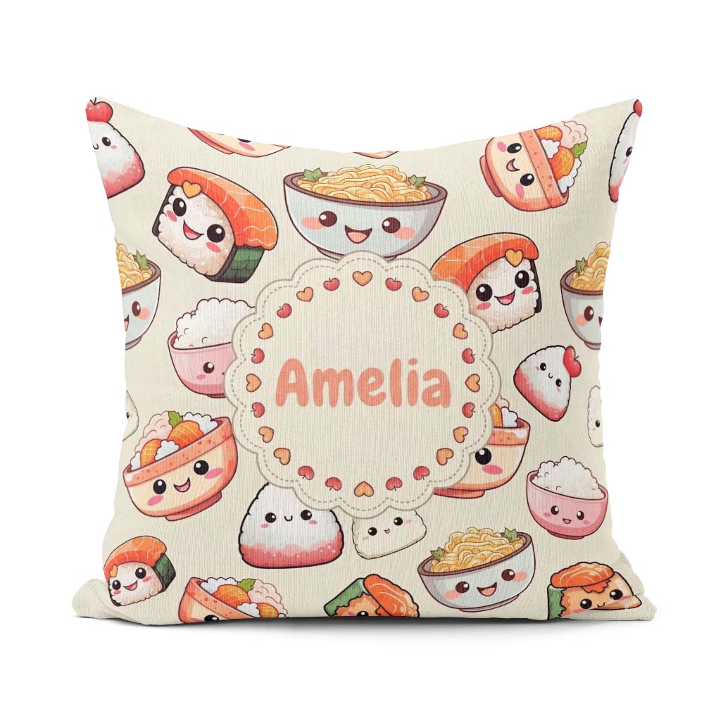 Custom Name Kawaii Sushi Rice Noodles Bowl Food Seamless Pattern Square Filled Cushion Throw Pillow Sofa Bed Home Decor Zip Washable UK Made