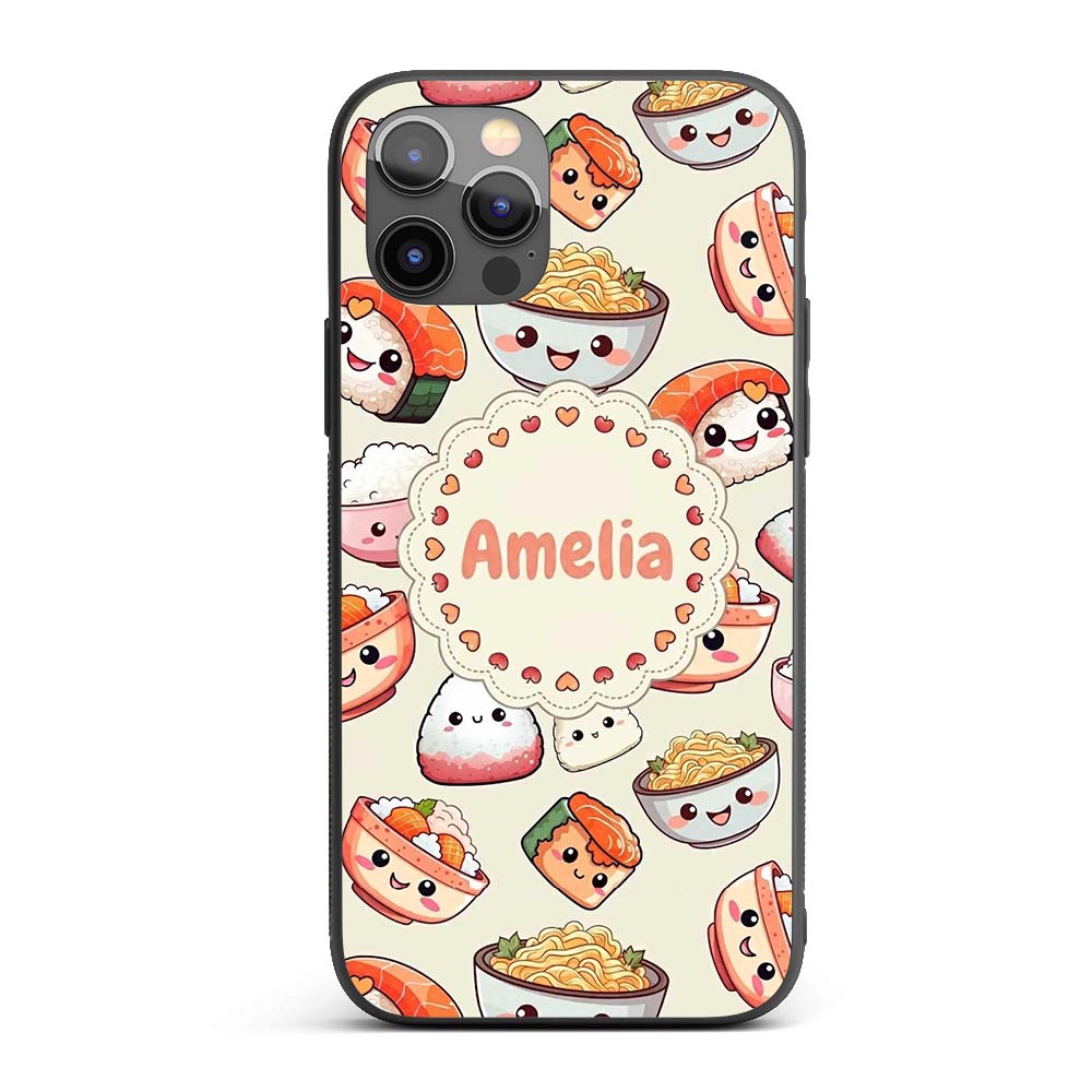 Cute Kawaii Sushi Rice Noodles Bowl Food Seamless Custom Name Protective Phone Case Mobile Cover Durable Everyday Smartphone Shock Resistant
