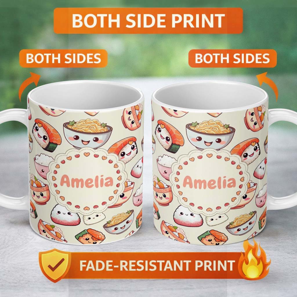 Personalized Custom Name Cute Kawaii Sushi Rice Noodles Bowl Food Seamless Pattern Name 11oz Ceramic Coffee Tea Mug White Large Handle