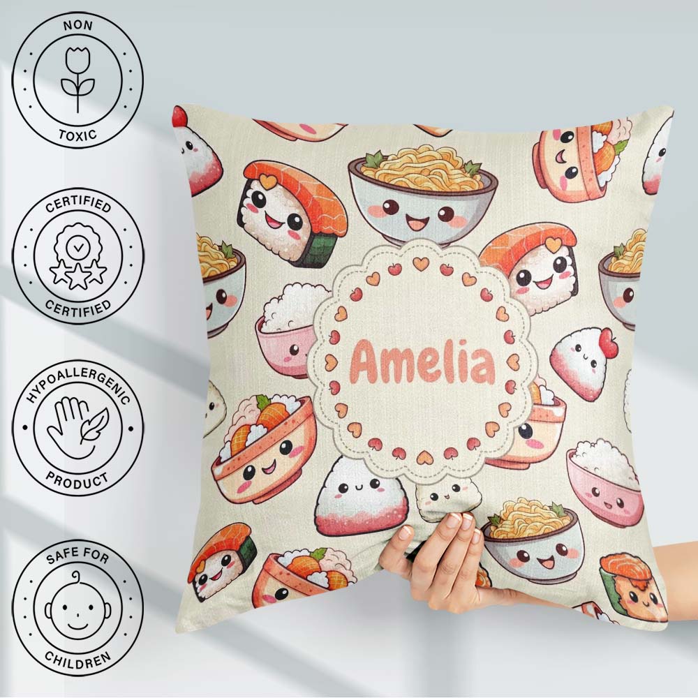 Custom Name Kawaii Sushi Rice Noodles Bowl Food Seamless Pattern Square Filled Cushion Throw Pillow Sofa Bed Home Decor Zip Washable UK Made