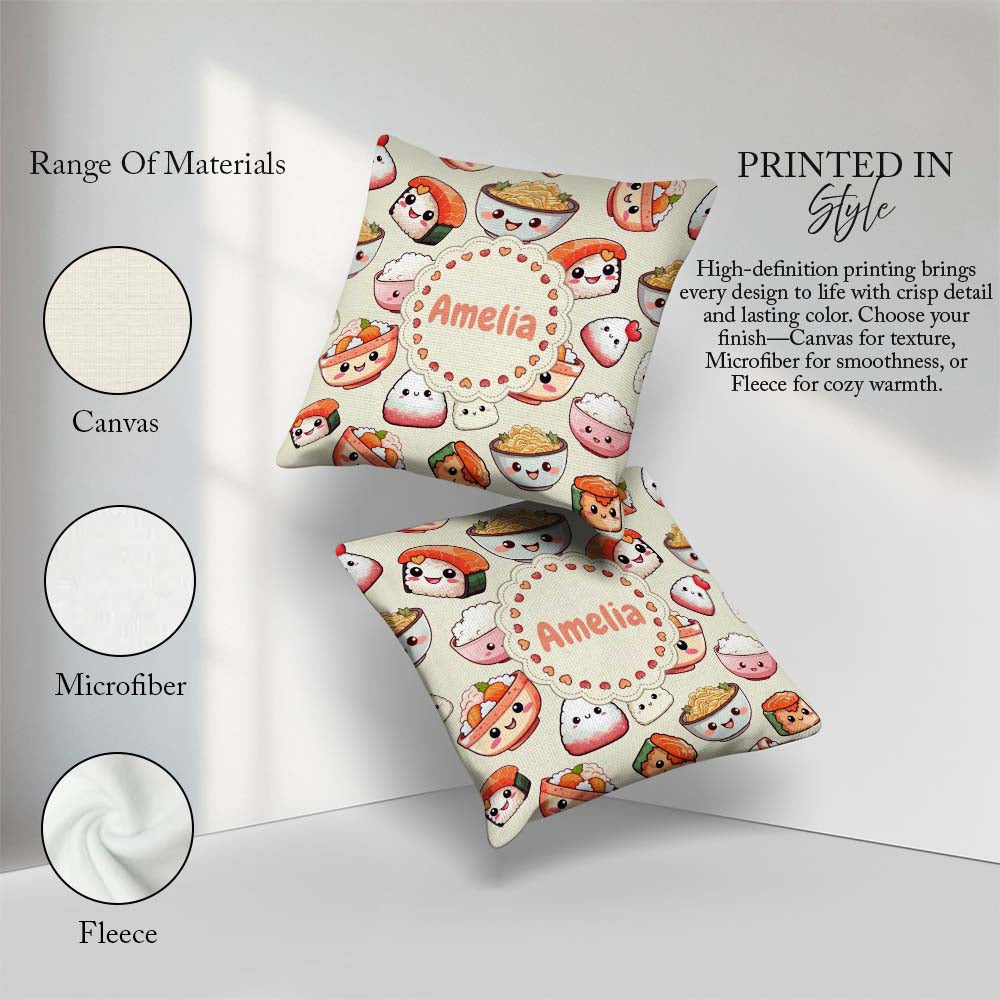 Custom Name Kawaii Sushi Rice Noodles Bowl Food Seamless Pattern Square Filled Cushion Throw Pillow Sofa Bed Home Decor Zip Washable UK Made