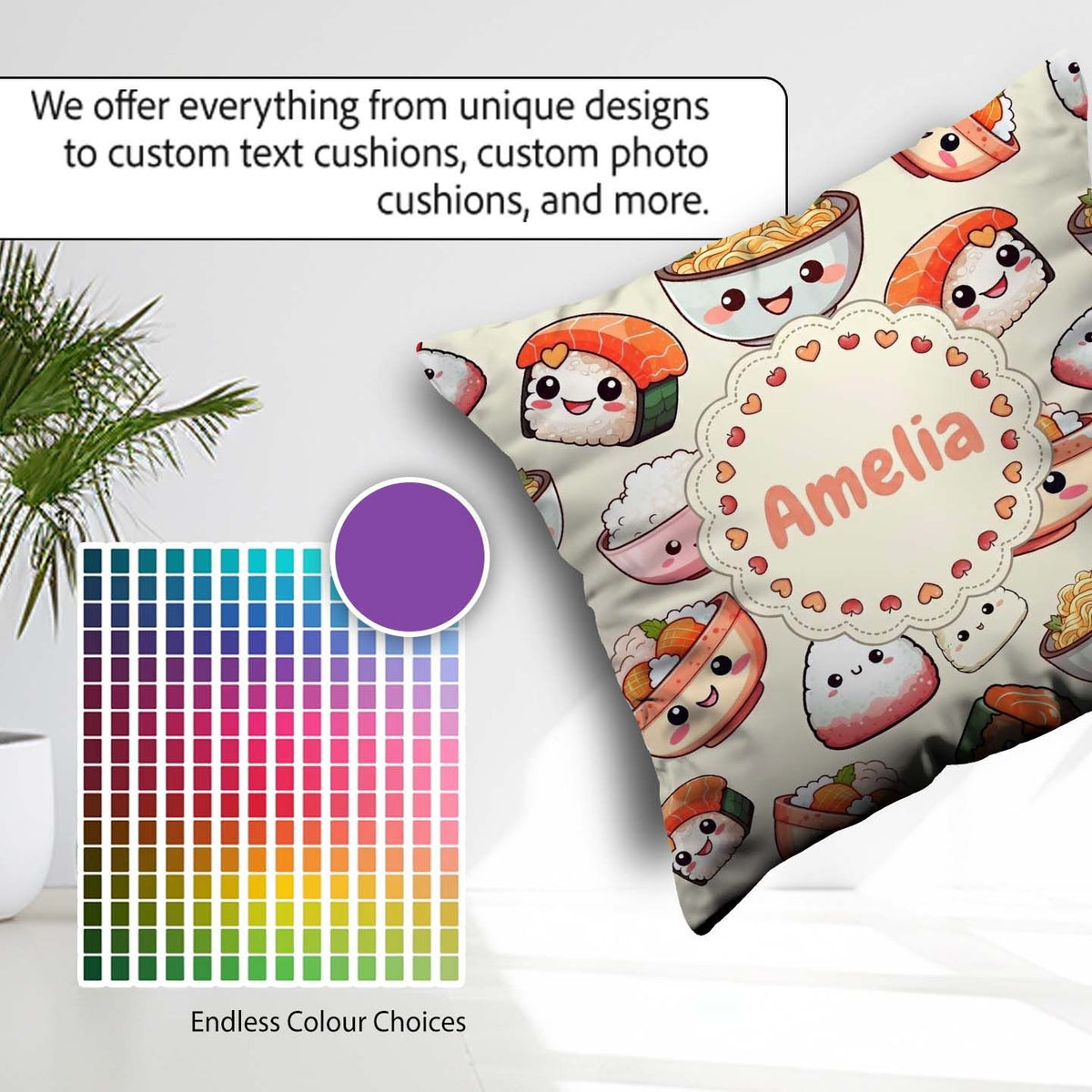 Custom Name Kawaii Sushi Rice Noodles Bowl Food Seamless Pattern Square Filled Cushion Throw Pillow Sofa Bed Home Decor Zip Washable UK Made