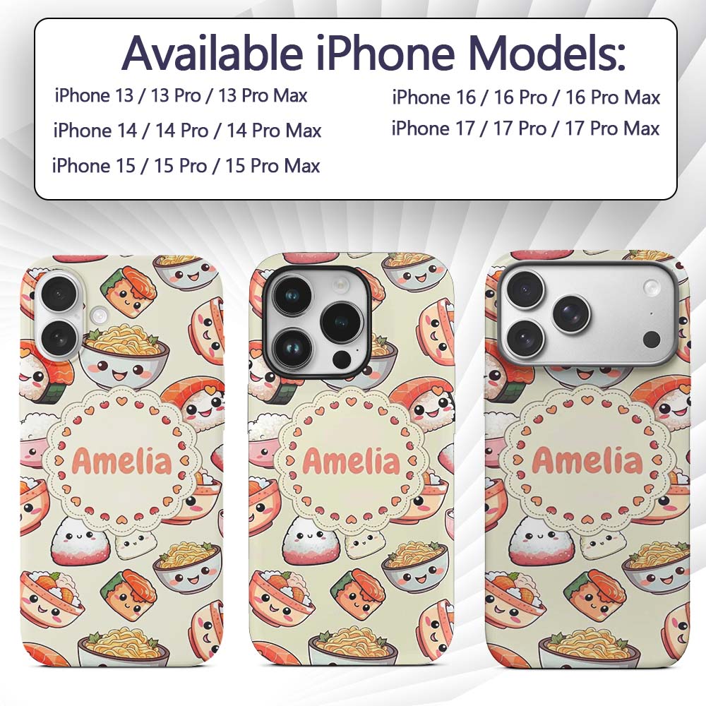 Cute Kawaii Sushi Rice Noodles Bowl Food Seamless Custom Name Protective Phone Case Mobile Cover Durable Everyday Smartphone Shock Resistant