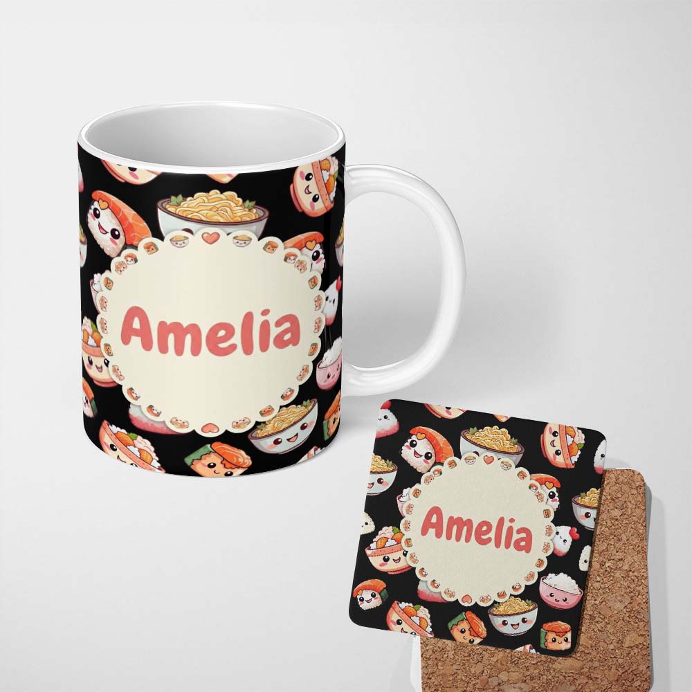 Personalized Custom Name Cute Kawaii Sushi Rice Noodles Bowl Food Black Seamless Pattern Name 11oz Ceramic Coffee Tea Mug White Large Handle