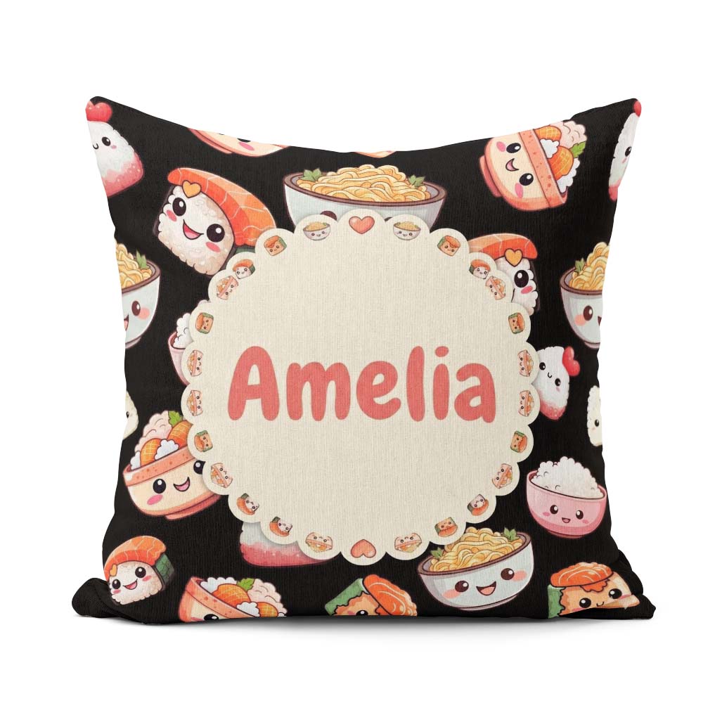 Custom Name Cute Kawaii Sushi Rice Bowl Food Black Seamless Name Square Filled Cushion Throw Pillow Sofa Bed Home Decor Zip Washable UK Made