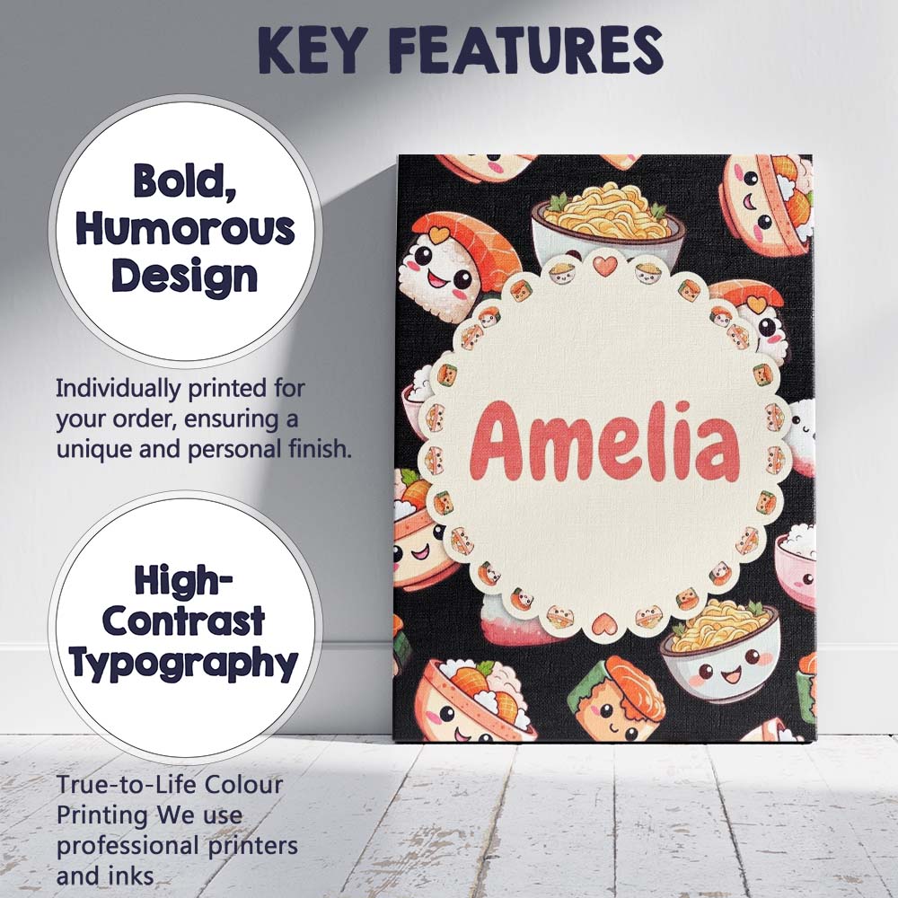 Personalised Name Cute Kawaii Sushi Rice Custom Unique Gift Idea Elegant Feature Canvas Wall Art Print Decor Picture Ready to Hang