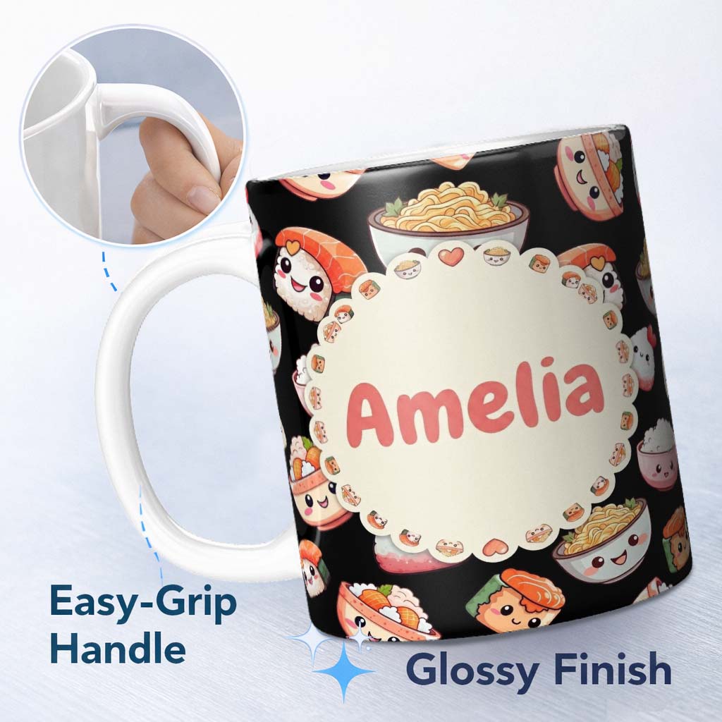 Personalized Custom Name Cute Kawaii Sushi Rice Noodles Bowl Food Black Seamless Pattern Name 11oz Ceramic Coffee Tea Mug White Large Handle