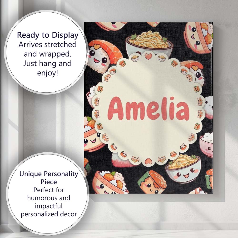 Personalised Name Cute Kawaii Sushi Rice Custom Unique Gift Idea Elegant Feature Canvas Wall Art Print Decor Picture Ready to Hang