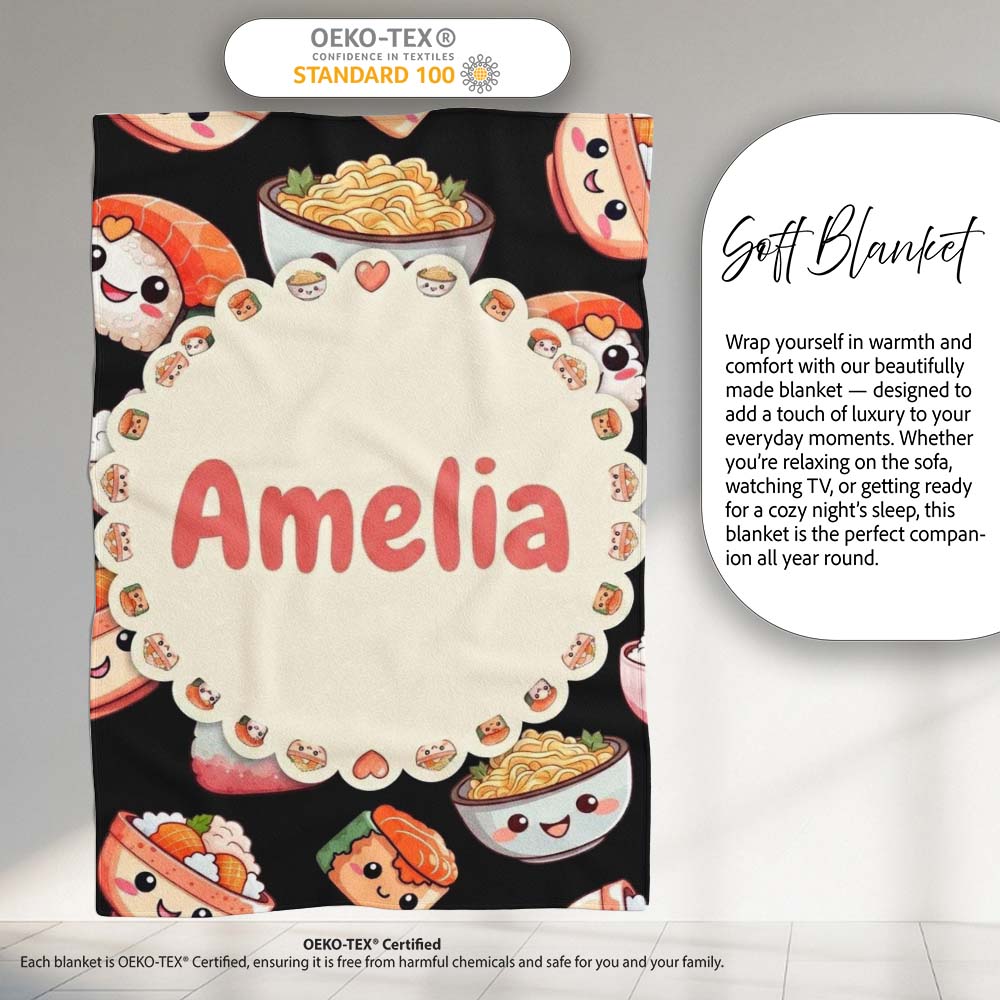 Cute Kawaii Sushi Rice Noodles Bowl Food Black Seamless Pattern Name Personalised Custom Name Super Soft Fleece Blanket Bed Sofa Throw
