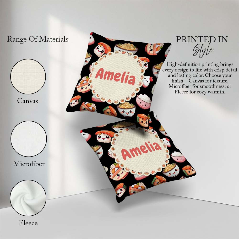 Custom Name Cute Kawaii Sushi Rice Bowl Food Black Seamless Name Square Filled Cushion Throw Pillow Sofa Bed Home Decor Zip Washable UK Made