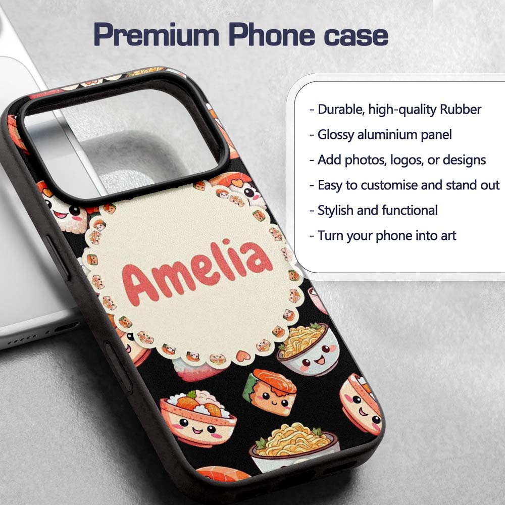 Cute Kawaii Sushi Rice Noodles Bowl Food Black Custom Name Protective Phone Case Mobile Cover Durable Everyday Smartphone Shock Resistant