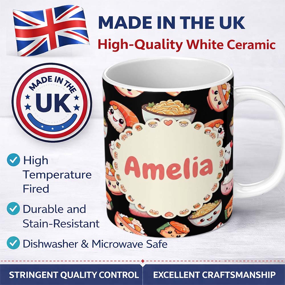 Personalized Custom Name Cute Kawaii Sushi Rice Noodles Bowl Food Black Seamless Pattern Name 11oz Ceramic Coffee Tea Mug White Large Handle
