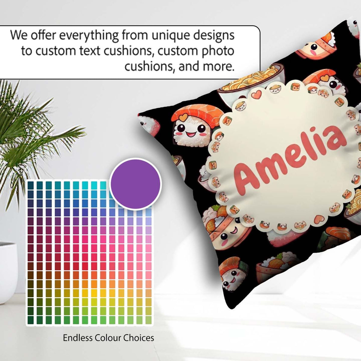 Custom Name Cute Kawaii Sushi Rice Bowl Food Black Seamless Name Square Filled Cushion Throw Pillow Sofa Bed Home Decor Zip Washable UK Made