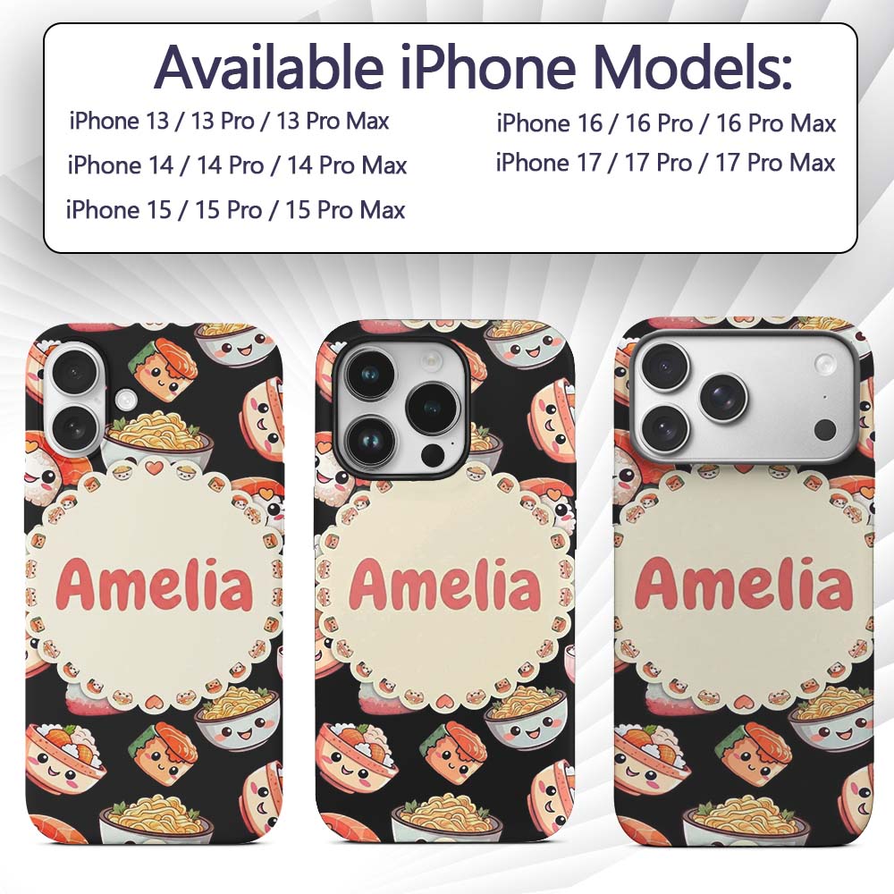 Cute Kawaii Sushi Rice Noodles Bowl Food Black Custom Name Protective Phone Case Mobile Cover Durable Everyday Smartphone Shock Resistant