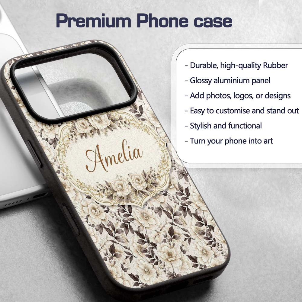 Elegant Monochrome Floral Vintage Printed Design Custom Name Protective Phone Case Mobile Cover Durable Everyday Smartphone Shock Resistant