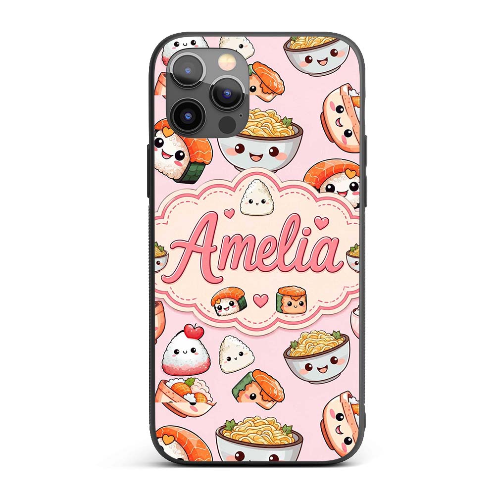 Cute Kawaii Sushi Rice Bowls and Printed Design Custom Name Protective Phone Case Mobile Cover Durable Everyday Smartphone Shock Resistant