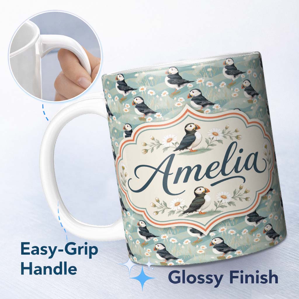 Personalized Custom Name Puffin and Daisy Floral Pattern Soft Botanical Seamless Design 11oz Ceramic Coffee Tea Mug White Large Handle