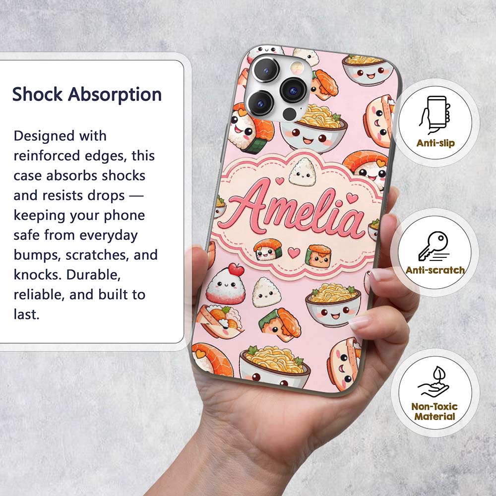 Cute Kawaii Sushi Rice Bowls and Printed Design Custom Name Protective Phone Case Mobile Cover Durable Everyday Smartphone Shock Resistant