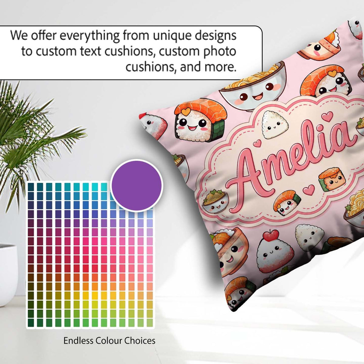 Custom Name Cute Kawaii Sushi Rice Bowls and Characters Seamless Square Filled Cushion Throw Pillow Sofa Bed Home Decor Zip Washable UK Made