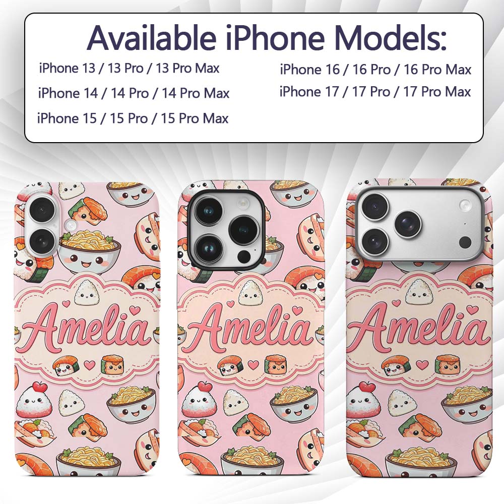 Cute Kawaii Sushi Rice Bowls and Printed Design Custom Name Protective Phone Case Mobile Cover Durable Everyday Smartphone Shock Resistant