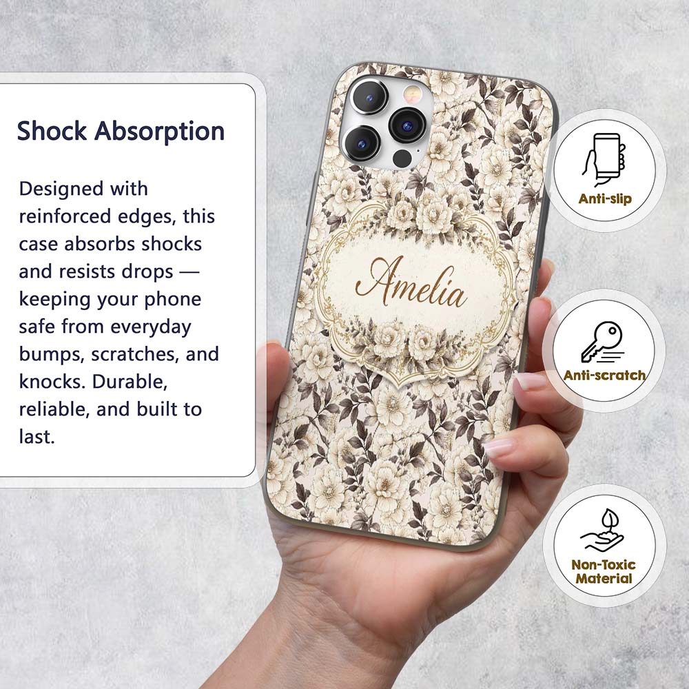 Elegant Monochrome Floral Vintage Printed Design Custom Name Protective Phone Case Mobile Cover Durable Everyday Smartphone Shock Resistant