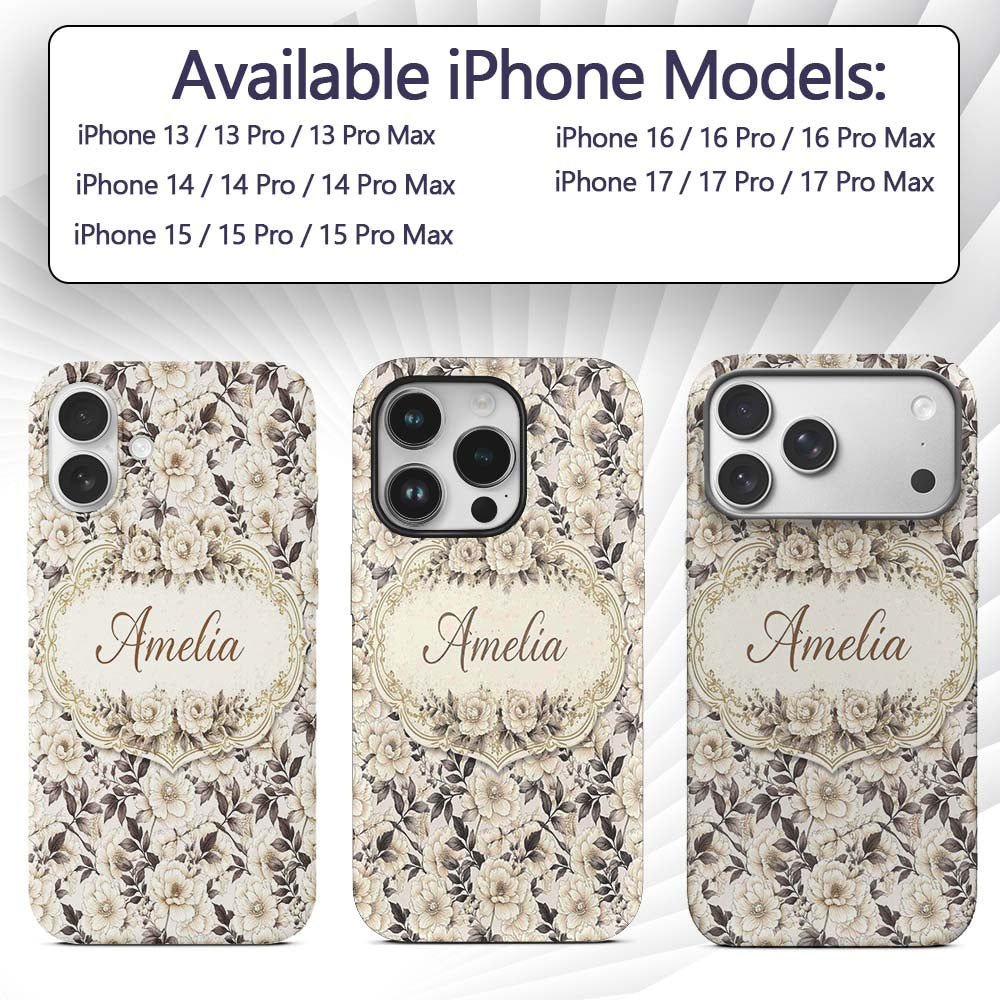 Elegant Monochrome Floral Vintage Printed Design Custom Name Protective Phone Case Mobile Cover Durable Everyday Smartphone Shock Resistant
