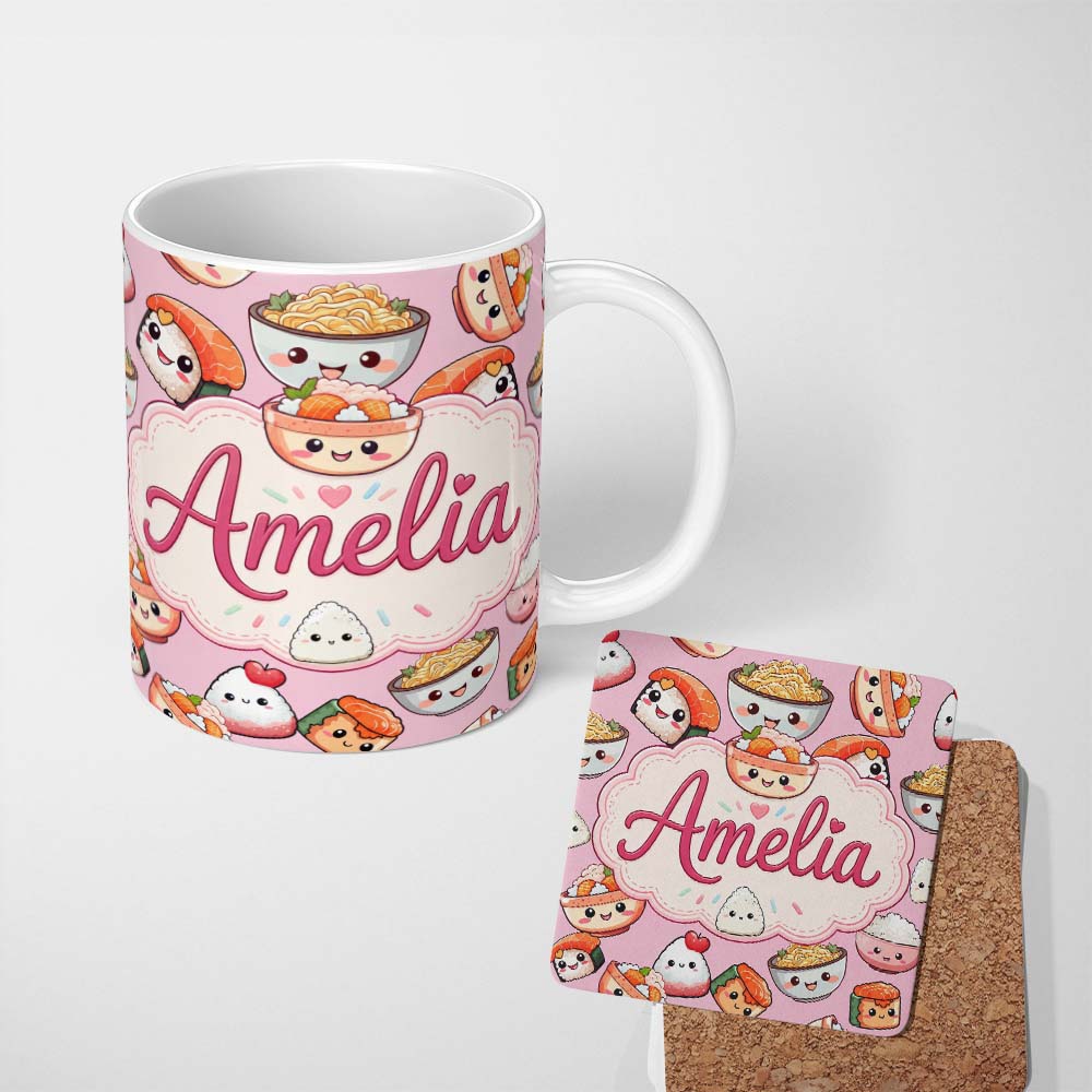 Personalized Custom Name Kawaii Sushi Rice Bowls and Noodles Characters Pink Seamless 11oz Ceramic Coffee Tea Mug White Large Handle