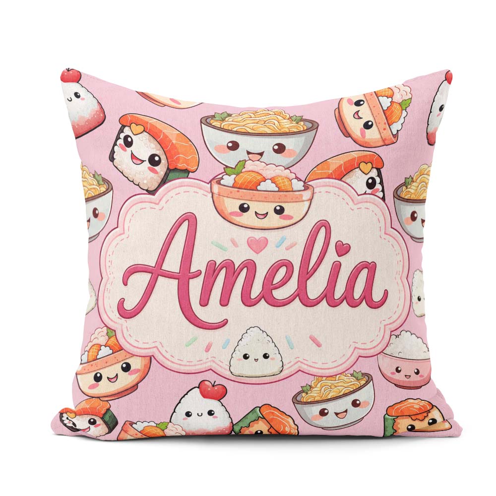 Custom Name Kawaii Sushi Rice Bowls and Characters Pink Seamless Square Filled Cushion Throw Pillow Sofa Bed Home Decor Zip Washable UK Made