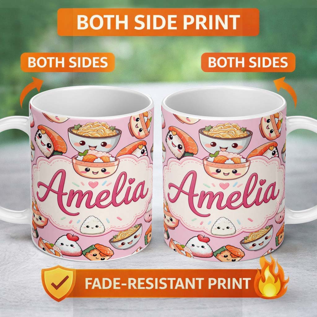 Personalized Custom Name Kawaii Sushi Rice Bowls and Noodles Characters Pink Seamless 11oz Ceramic Coffee Tea Mug White Large Handle