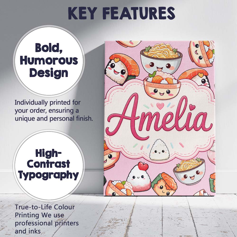 Personalised Name Kawaii Sushi Rice Bowls Custom Unique Gift Idea Elegant Feature Canvas Wall Art Print Decor Picture Ready to Hang