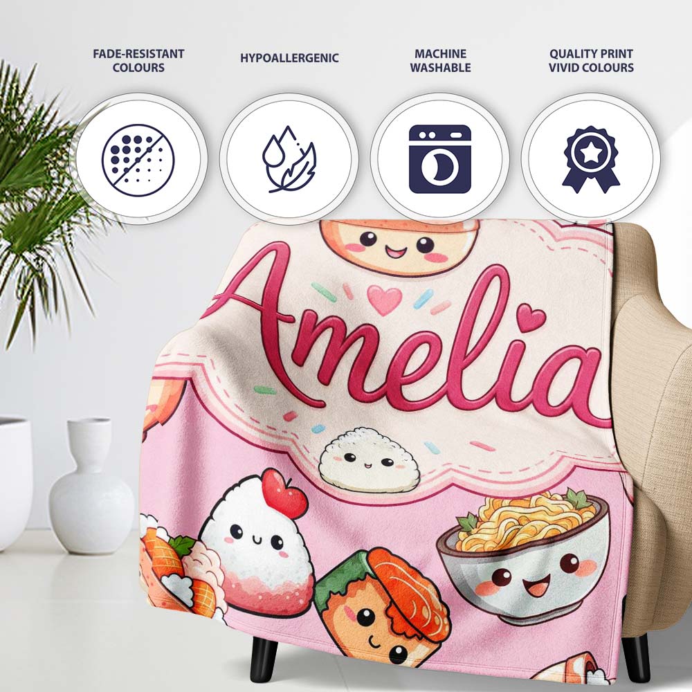 Kawaii Sushi Rice Bowls and Noodles Characters Pink Seamless Personalised Custom Name Super Soft Fleece Blanket Bed Sofa Throw