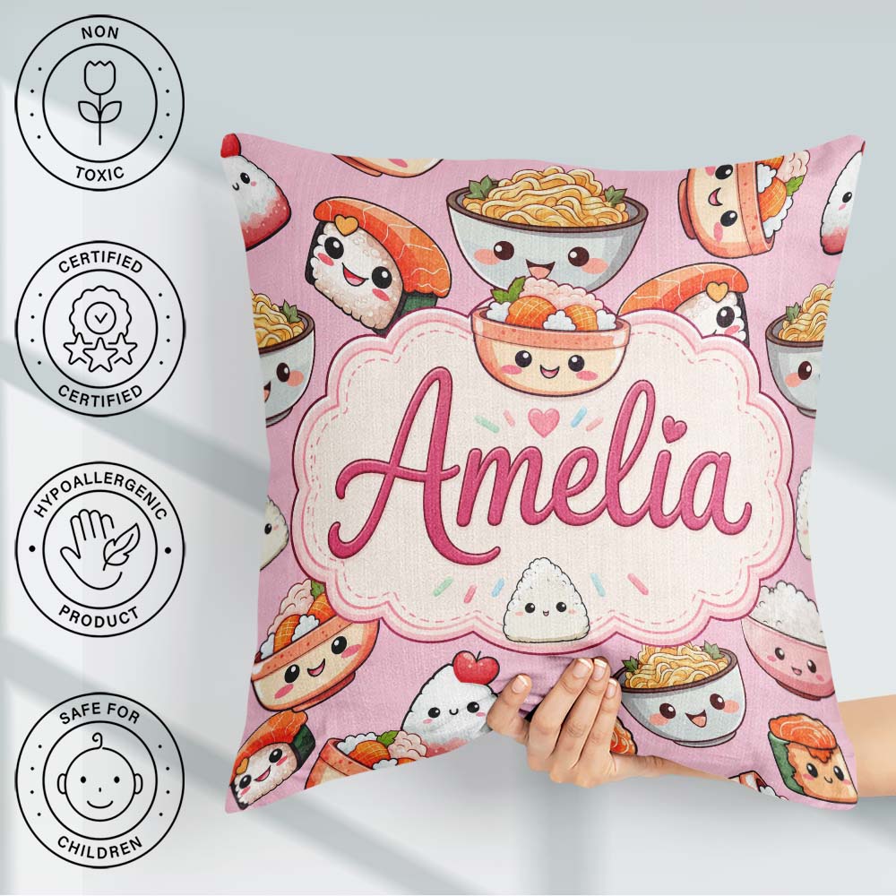 Custom Name Kawaii Sushi Rice Bowls and Characters Pink Seamless Square Filled Cushion Throw Pillow Sofa Bed Home Decor Zip Washable UK Made
