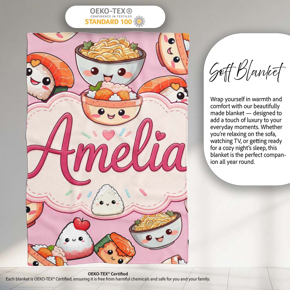 Kawaii Sushi Rice Bowls and Noodles Characters Pink Seamless Personalised Custom Name Super Soft Fleece Blanket Bed Sofa Throw