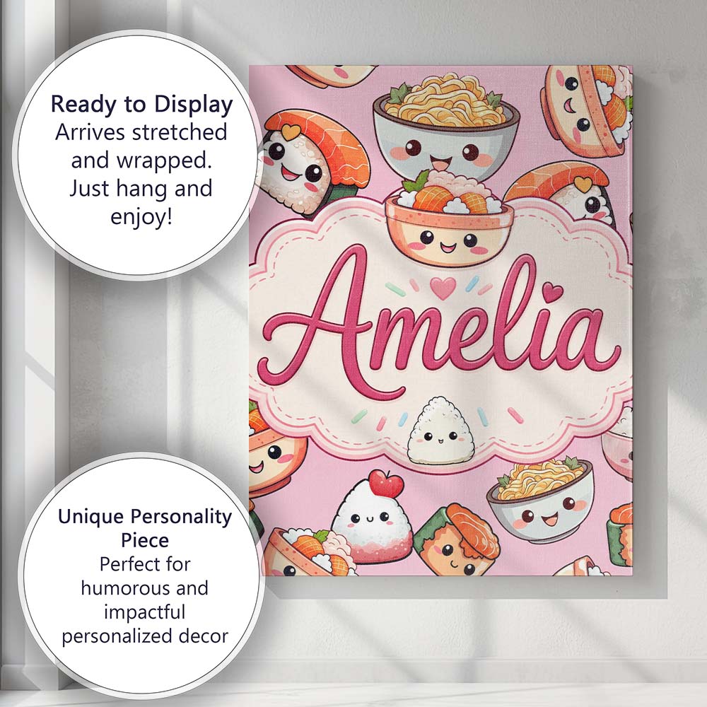 Personalised Name Kawaii Sushi Rice Bowls Custom Unique Gift Idea Elegant Feature Canvas Wall Art Print Decor Picture Ready to Hang