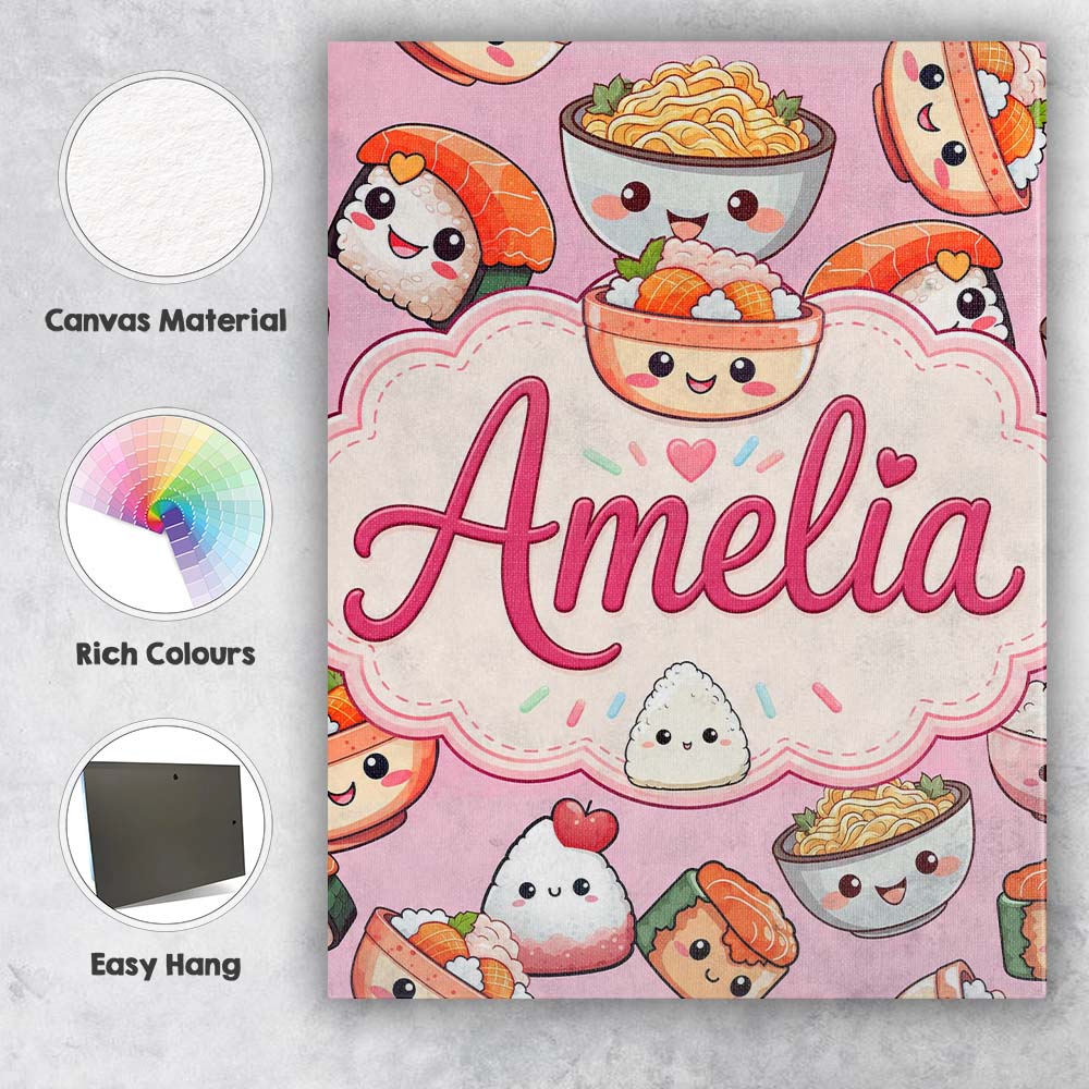 Personalised Name Kawaii Sushi Rice Bowls Custom Unique Gift Idea Elegant Feature Canvas Wall Art Print Decor Picture Ready to Hang
