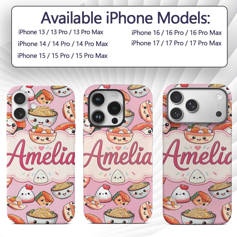 Kawaii Sushi Rice Bowls and Noodles Characters Custom Name Protective Phone Case Mobile Cover Durable Everyday Smartphone Shock Resistant