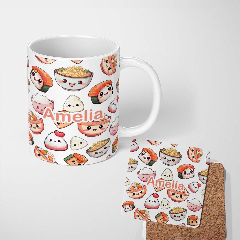 Personalized Custom Name Kawaii Sushi Rice Bowls and Noodles Characters White Seamless 11oz Ceramic Coffee Tea Mug White Large Handle