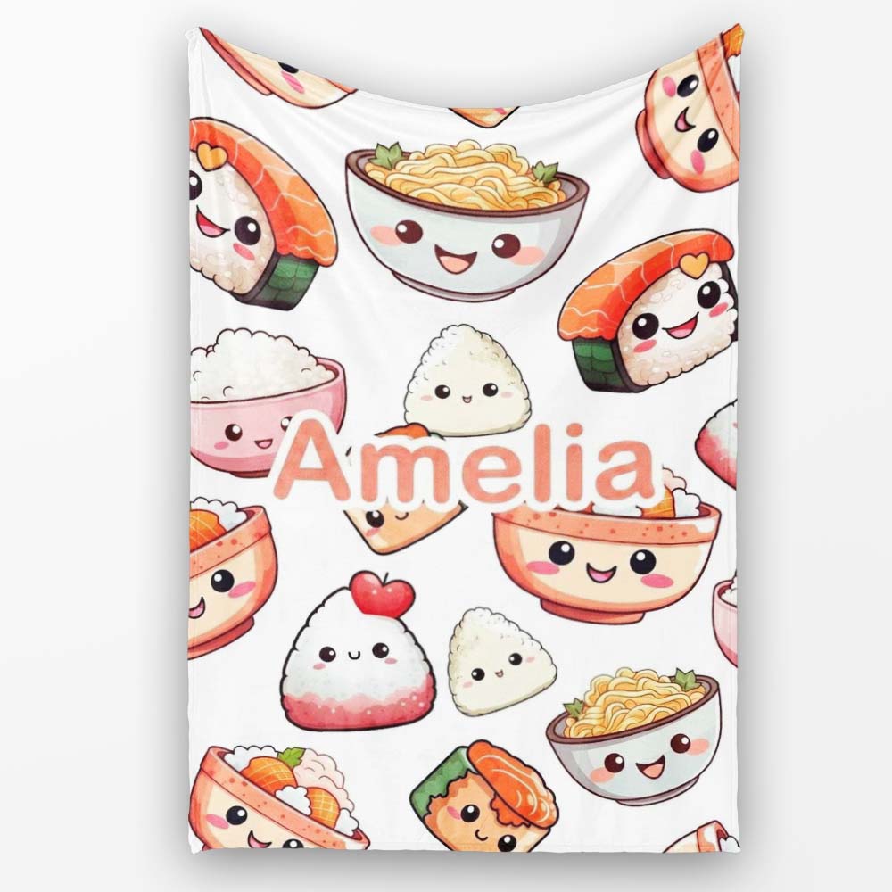 Kawaii Sushi Rice Bowls and Noodles Characters White Seamless Personalised Custom Name Super Soft Fleece Blanket Bed Sofa Throw