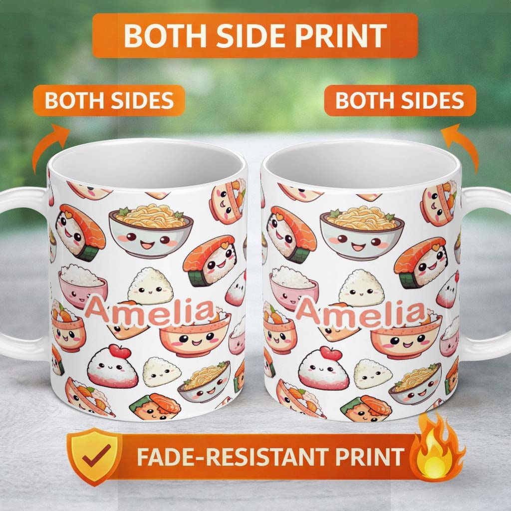 Personalized Custom Name Kawaii Sushi Rice Bowls and Noodles Characters White Seamless 11oz Ceramic Coffee Tea Mug White Large Handle