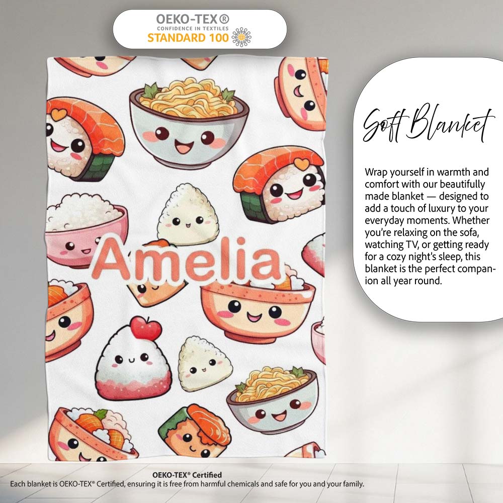 Kawaii Sushi Rice Bowls and Noodles Characters White Seamless Personalised Custom Name Super Soft Fleece Blanket Bed Sofa Throw