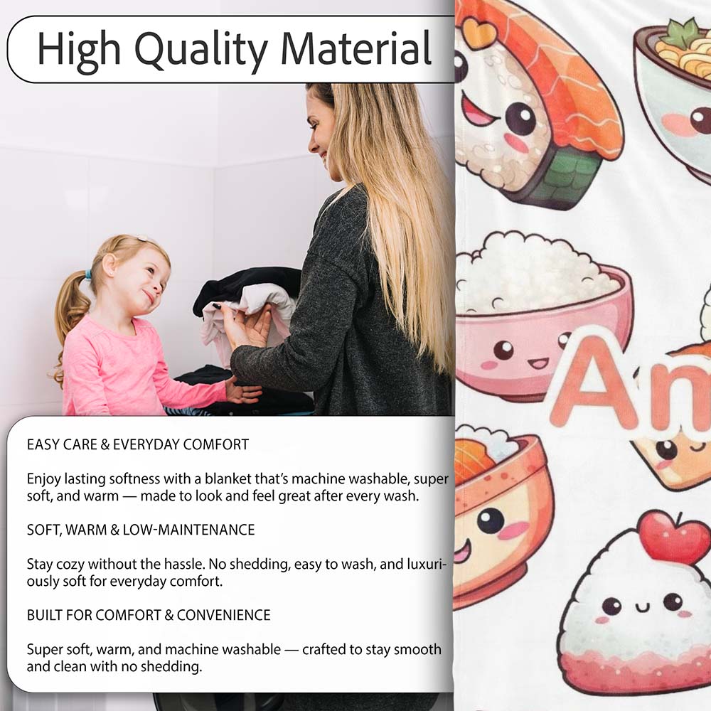 Kawaii Sushi Rice Bowls and Noodles Characters White Seamless Personalised Custom Name Super Soft Fleece Blanket Bed Sofa Throw