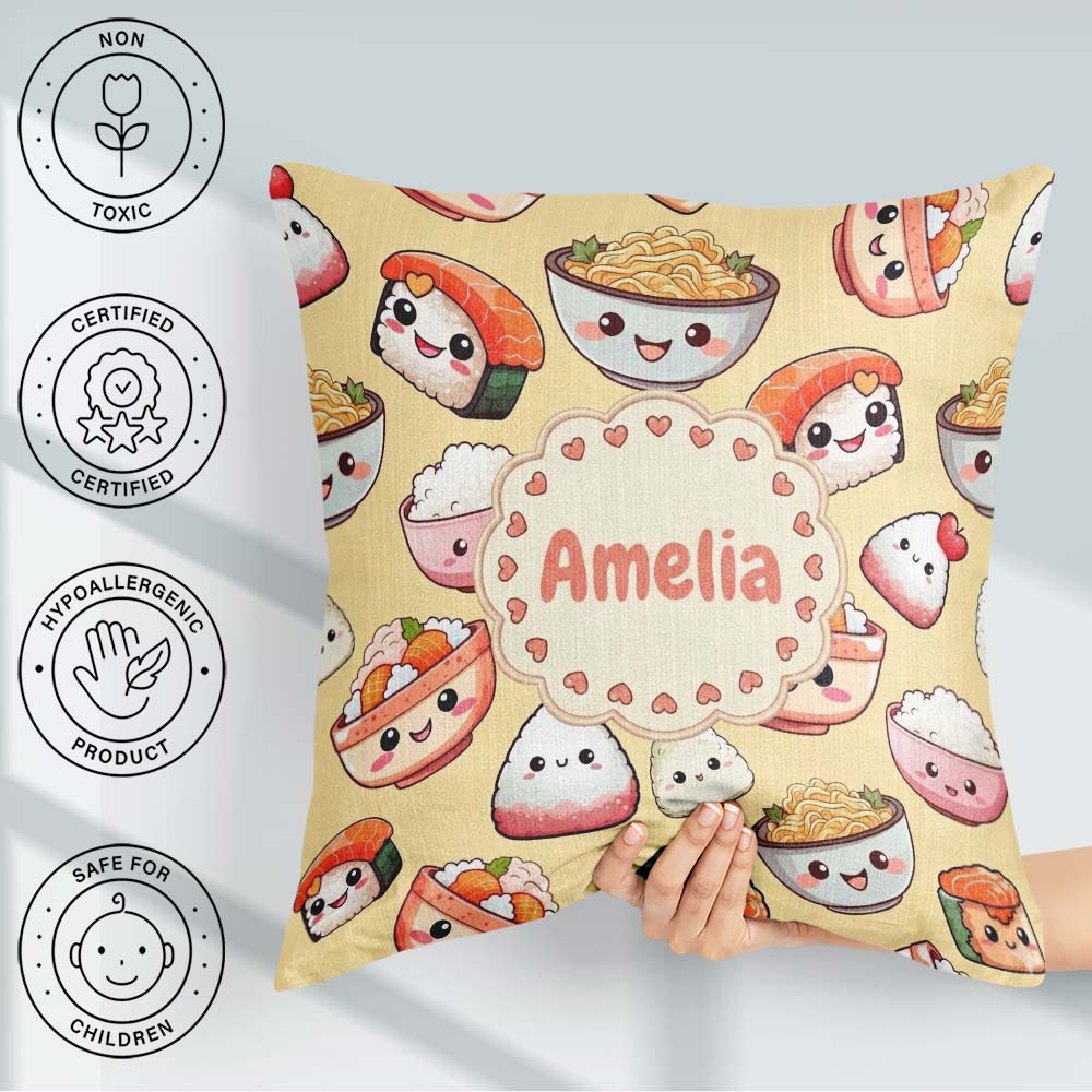 Custom Name Kawaii Sushi Rice Bowls and Noodles Yellow Seamless Square Filled Cushion Throw Pillow Sofa Bed Home Decor Zip Washable UK Made